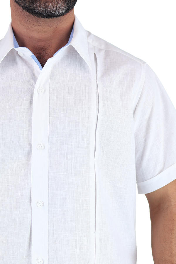 Camisa Tipo Guayabera Slim Fit Blanca Manga Corta Look Lino Para Hombre